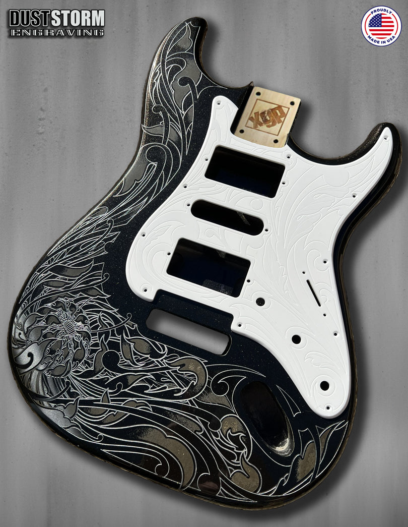Glossy Black XGP Stratocaster Style Laser Engraved Guitar Body with Solid White Acrylic Pickguard and Tremolo Cover HSH, HSS, SSS Setups Available