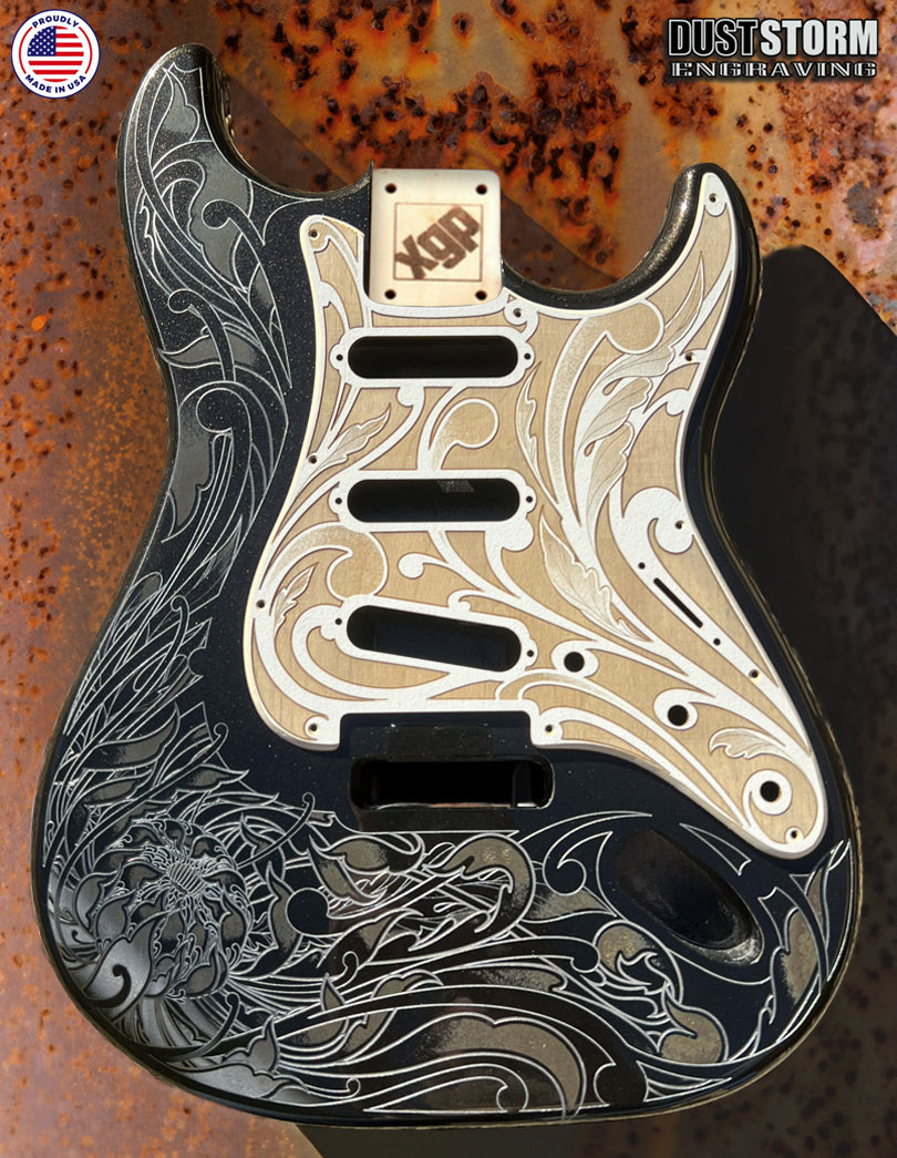 Glossy Black XGP Stratocaster Style Laser Engraved Guitar Body with Cherry Wood Veneer Pickguard and Tremolo Cover HSH, HSS, SSS Setups Available