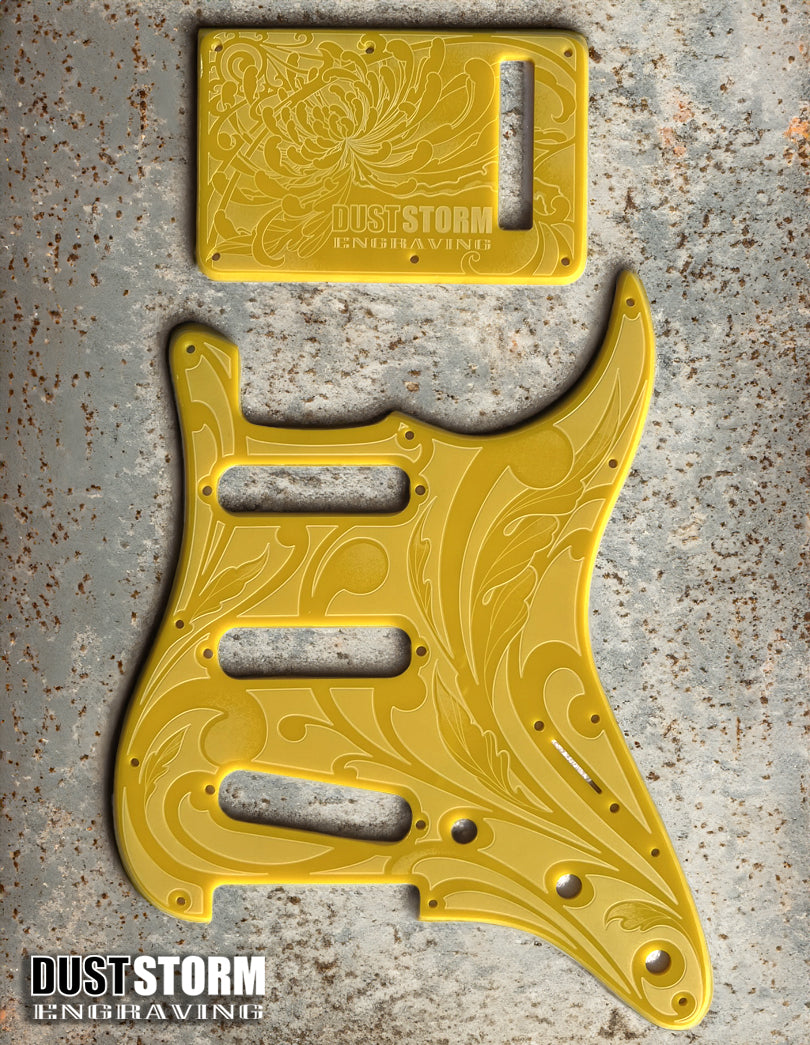 Custom Laser Engraved White Fender Strat Style Guitar Body with Glossy Yellow Acrylic Pickguard and Tremolo Cover HSH, HSS, SSS Setups Available