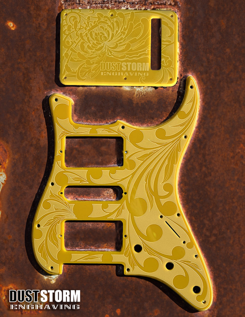 Engraved Pickguard & Free Tremolo Cover in Glossy Acrylic 10 Solid Color Choices Design #2 for Fender Stratocaster HSH, HSS, SSS Setups Available