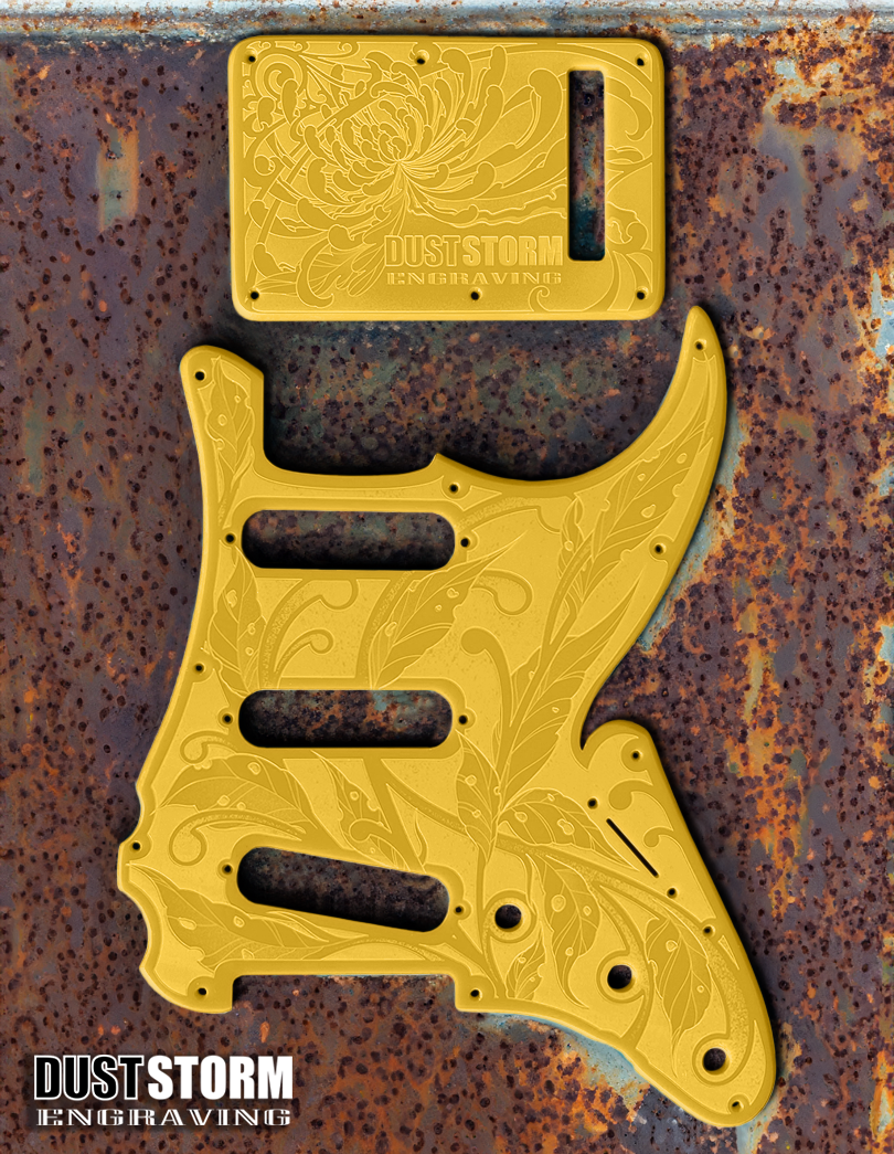 Engraved Pickguard & Free Tremolo Cover in Glossy Acrylic 10 Solid Color Choices Design #3 for Fender Stratocaster HSH, HSS, SSS Setups Available