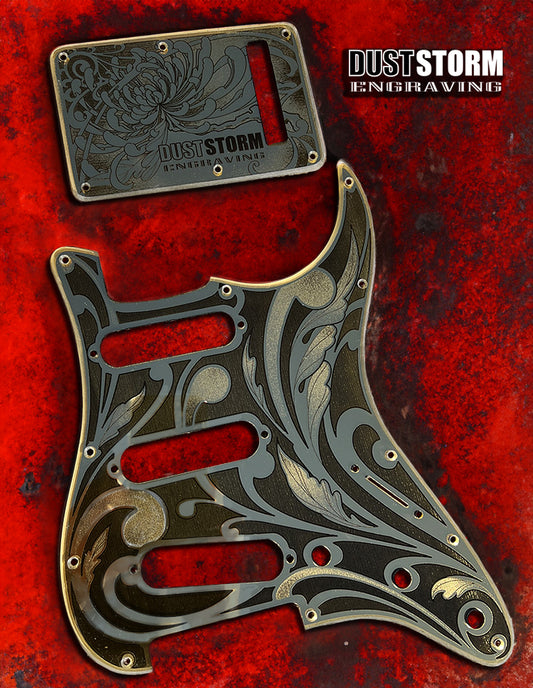 Engraved Pickguard & Free Tremolo Cover in Gold Acrylic Mirror Design #1 for Fender Stratocaster SSS, HSS, HSH Setups Available