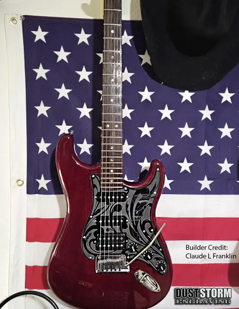 Engraved Pickguard & Free Tremolo Cover in Glossy Acrylic Black Design #1a for Fender Stratocaster HSH, HSS, SSS Setups Available